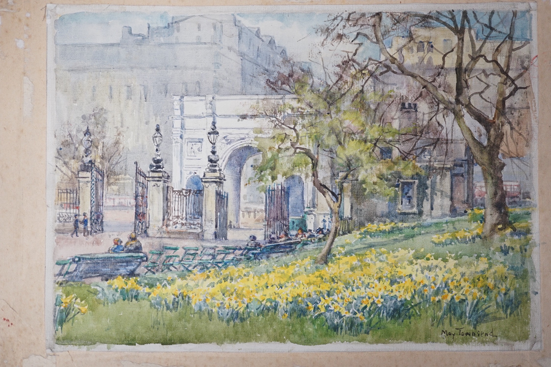 Harold Samuel Merritt and May Townsend, five watercolour landscapes by Merritt, Westmorland, Brittany and Shoreham Kent, largest 28 x 40cm, and two London Park views by Townsend, Kensington Gardens and Marble Arch, large